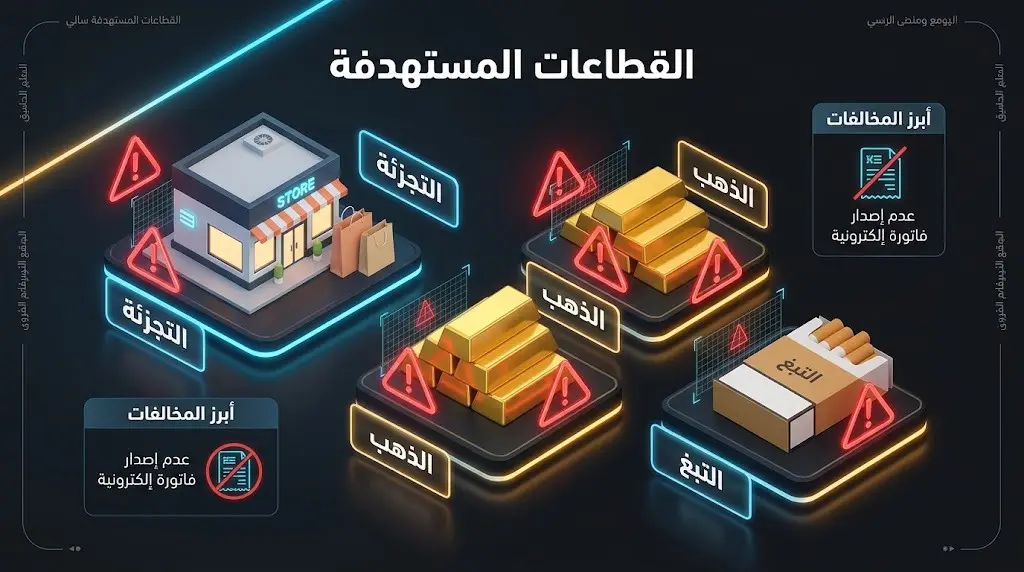 إنفوجرافيك يوضح القطاعات التجارية المستهدفة بالجولات الرقابية وأبرز المخالفات المرصودة مثل عدم إصدار الفواتير.