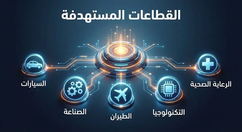 إنفوجرافيك يوضح القطاعات الخمسة المستهدفة لمنصة المراقبة اللوجستية الذكية وهي الرعاية الصحية، التكنولوجيا، الطيران، الصناعة، والسيارات.