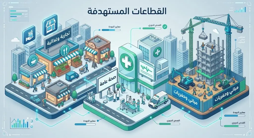 تصميم إنفوجرافيك يوضح القطاعات الثلاثة المستهدفة في برنامج ممتثل: المنشآت التجارية والغذائية، منشآت الصحة العامة، وأعمال الحفريات والمباني.
