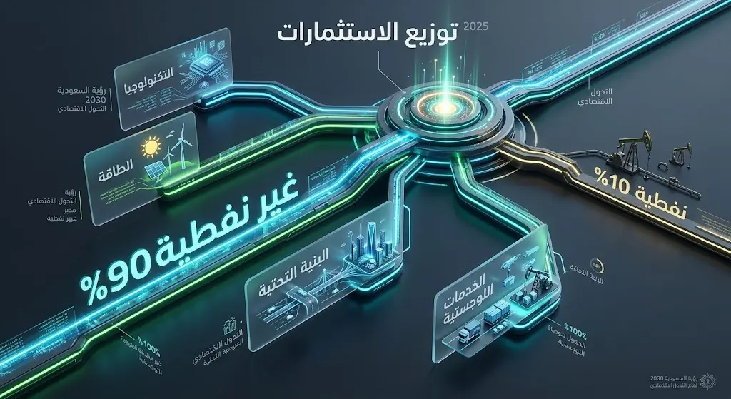 تصميم معلوماتي يستعرض توزيع الاستثمارات الأجنبية في السعودية، مبرزاً استحواذ القطاعات غير النفطية على 90% منها.