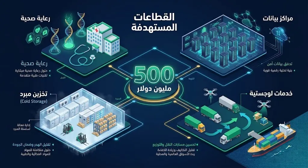 إنفوجرافيك ثلاثي الأبعاد يوضح القطاعات المستهدفة للصندوق الاستثماري الجديد في السعودية، وتشمل الرعاية الصحية ومراكز البيانات والتخزين المبرد، مع إبراز حجم الصندوق البالغ 500 مليون دولار.
