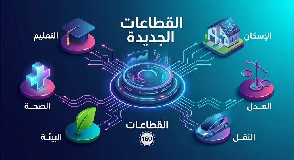 إنفوجرافيك عصري ثلاثي الأبعاد يوضح القطاعات الحيوية التي شملتها الخدمات الرقمية الجديدة في تطبيق توكلنا، مثل الصحة والتعليم والإسكان والعدل.