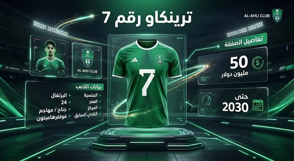 إنفوجرافيك رياضي احترافي يعرض القميص رقم 7 للنادي الأهلي مع تفاصيل صفقة اللاعب البرتغالي فرانسيسكو ترينكاو بقيمة 50 مليون دولار وعقده الممتد حتى 2030.