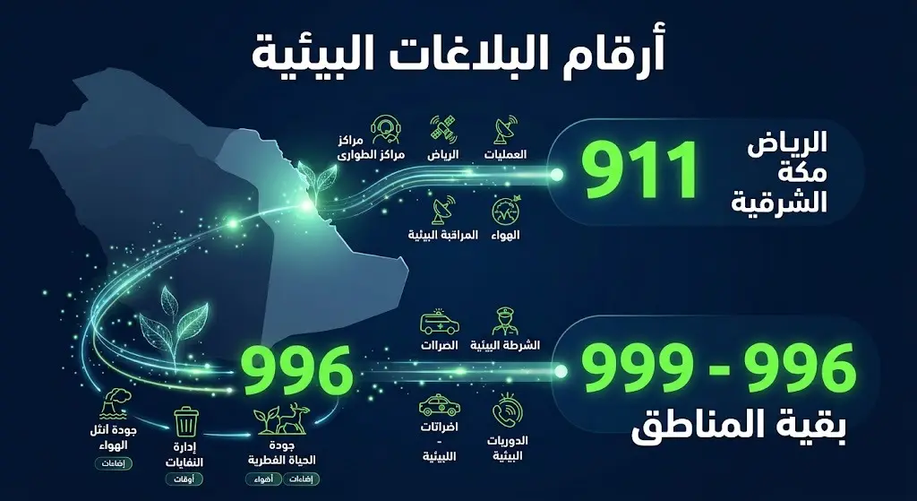 إنفوجرافيك يوضح أرقام التواصل للإبلاغ عن المخالفات البيئية موزعة حسب مناطق المملكة الجغرافية.