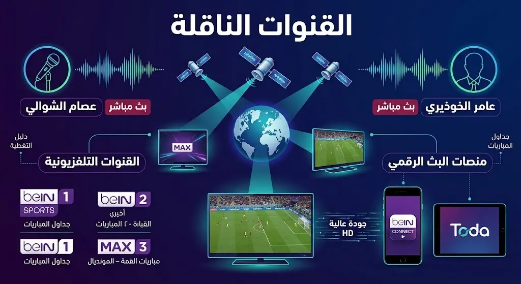 تصميم بصري يستعرض القنوات التلفزيونية والمنصات الرقمية الناقلة لمباراة الأرجنتين والرأس الأخضر