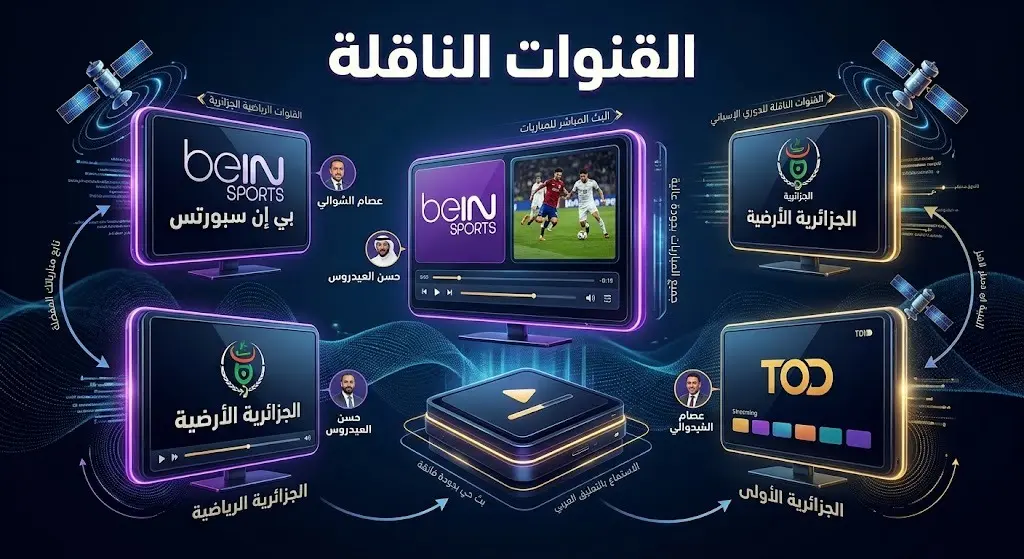 إنفوجرافيك احترافي يوضح القنوات الناقلة لمباراة البرتغال وإسبانيا، متضمناً قنوات بي إن سبورتس وتطبيق TOD والقناة الأرضية الجزائرية.
