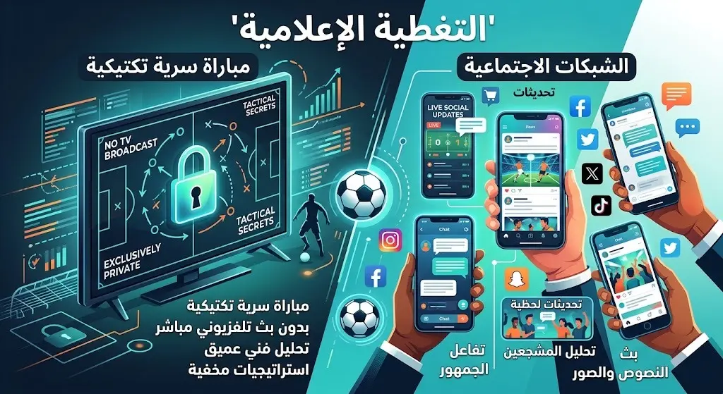 تصميم تعبيري يوضح غياب النقل التلفزيوني للمباراة الودية بسبب السرية التكتيكية والاعتماد على منصات التواصل الاجتماعي.