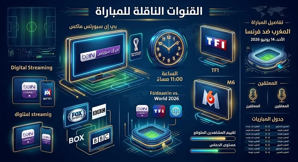 إنفوجرافيك يوضح موعد والقنوات الناقلة لمباراة المغرب وفرنسا في كأس العالم 2026
