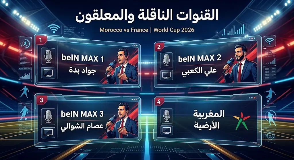 إنفوجرافيك رياضي احترافي يستعرض القنوات التلفزيونية الناقلة لمباراة المغرب وفرنسا وأسماء المعلقين المخصصين لكل قناة