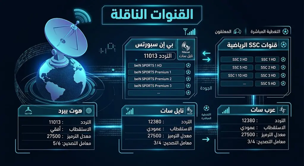 إنفوجرافيك رقمي حديث يعرض القنوات الناقلة لمباراة فرنسا والمغرب وترددات البث عبر الأقمار الصناعية بتصميم تقني أنيق