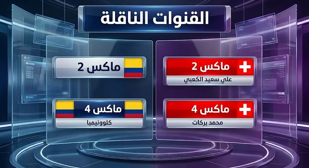 بطاقة معلومات بصرية تستعرض القنوات المشفرة الناقلة لمباراة كولومبيا وسويسرا وأسماء المعلقين الرياضيين.