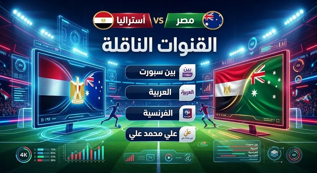 إنفوجرافيك يستعرض القنوات الفضائية الناقلة لمباراة مصر وأستراليا في كأس العالم 2026 ولغات التعليق المتاحة