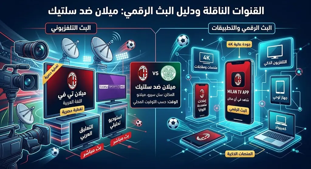 تصميم إنفوجرافيك يستعرض القنوات الناقلة لمباراة ميلان وسيلتيك، مبرزاً منصة النادي الرسمية.