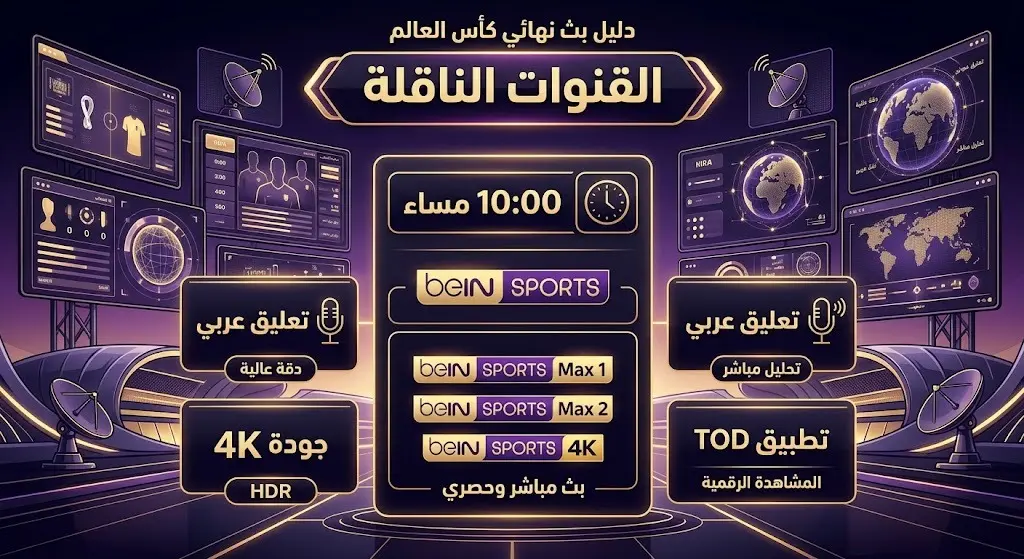 إنفوجرافيك يستعرض القنوات الناقلة وموعد بث المباراة النهائية لكأس العالم 2026 بتصميم عصري.