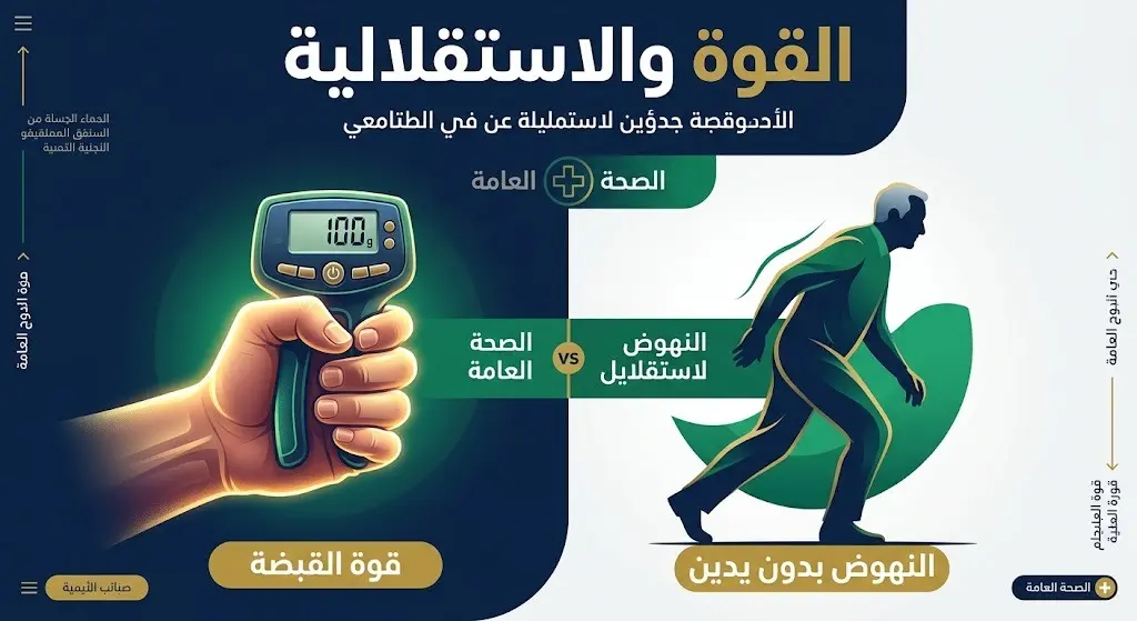 تصميم فني يقارن بين قوة قبضة اليد والقدرة على النهوض من الأرض دون استخدام اليدين كمؤشرات أساسية للاستقلالية