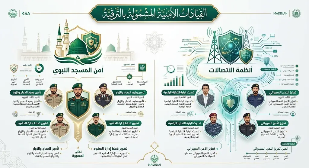 إنفوجرافيك يستعرض القطاعات الأمنية والتقنية للقيادات المشمولة بالترقية في منطقة المدينة المنورة