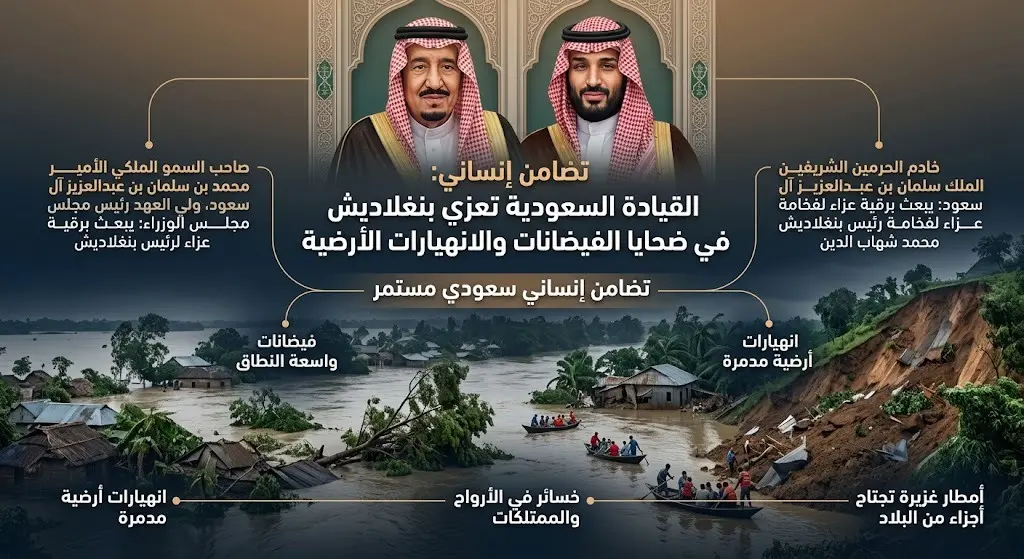 القيادة السعودية تعزي رئيس بنغلاديش في ضحايا الفيضانات والانهيارات الأرضية