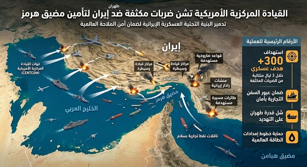 القيادة المركزية الأمريكية تشن ضربات عسكرية مكثفة ضد إيران لتأمين الملاحة التجارية في مضيق هرمز