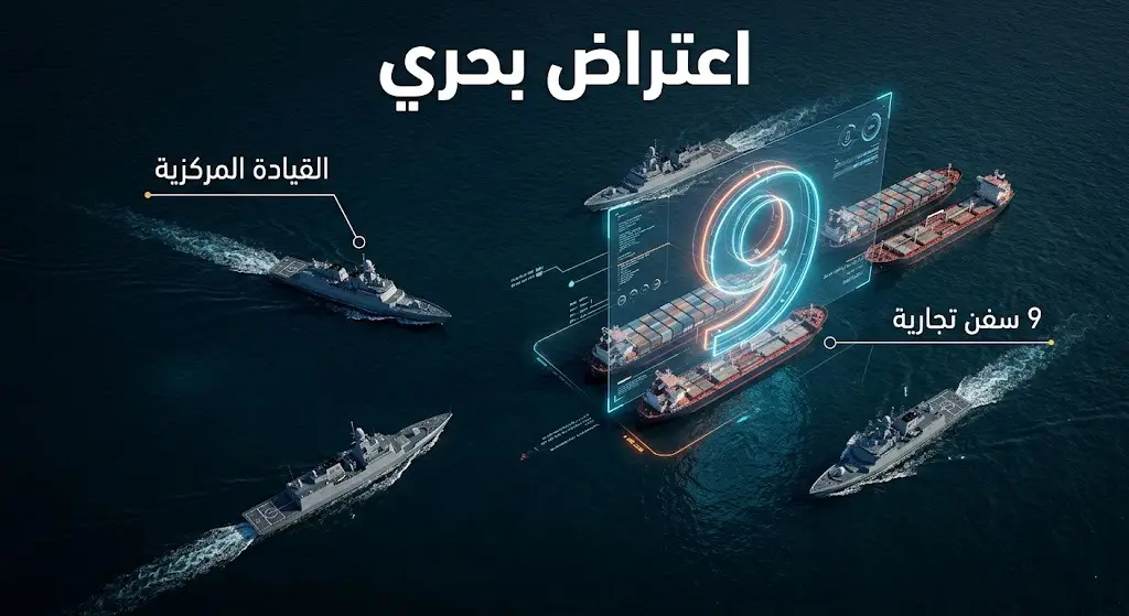 تصميم ثلاثي الأبعاد يبين اعتراض قوات بحرية أمريكية لـ 9 سفن تجارية حاولت خرق الحصار