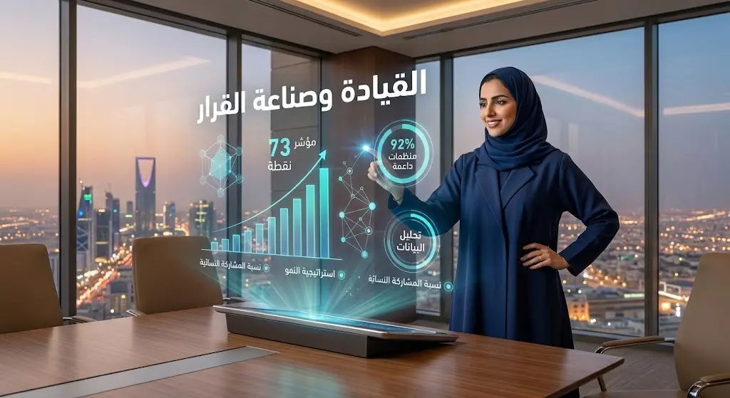 تصميم مرئي يدمج بين صورة لامرأة سعودية بزي مهني في بيئة عمل حديثة وعناصر بيانية مضيئة تبرز أرقام تمكين المرأة في المناصب القيادية وصناعة القرار.