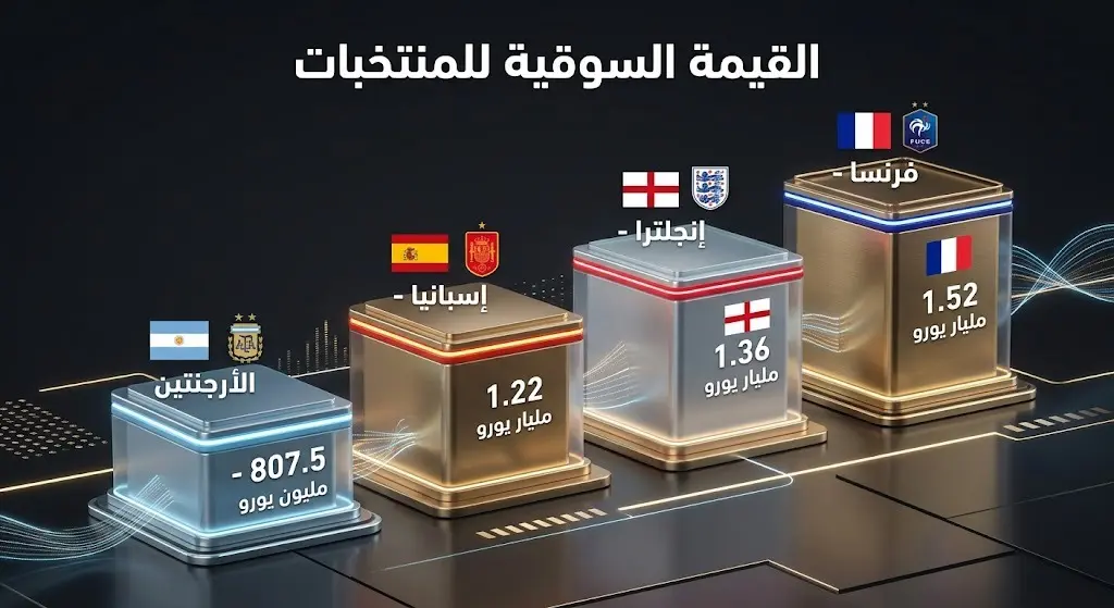 إنفوجرافيك بياني يوضح القيمة السوقية لمنتخبات نصف النهائي، حيث تتصدر فرنسا القائمة بـ 1.52 مليار يورو.