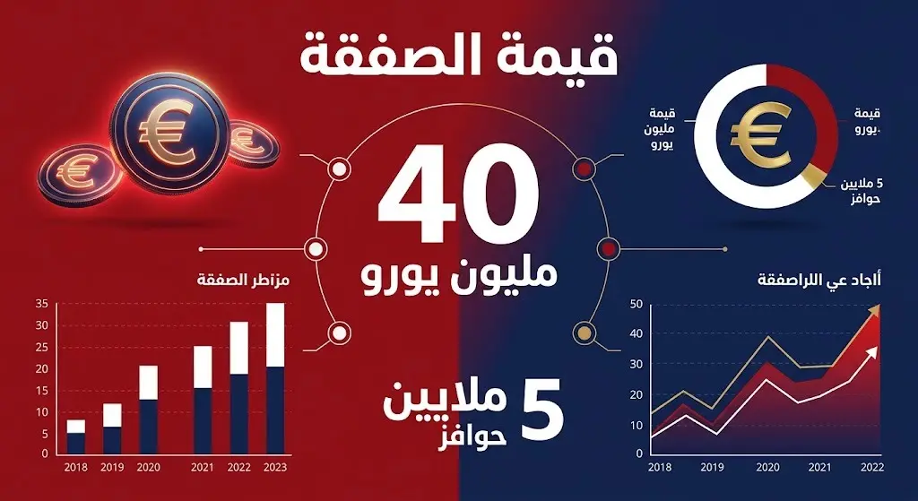 إنفوجرافيك يوضح التفاصيل المالية لصفقة انتقال مورتن يولمان إلى أتليتيكو مدريد، مبرزاً القيمة الأساسية البالغة 40 مليون يورو بالإضافة إلى 5 ملايين يورو كحوافز.