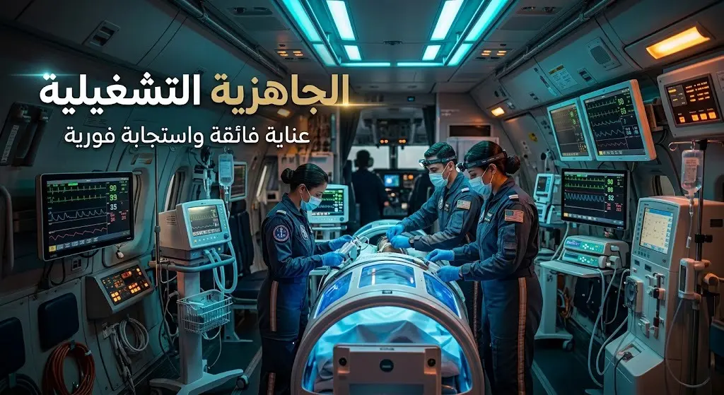 صورة تعبيرية عالية الدقة تظهر التجهيزات الطبية المتقدمة داخل طائرات الإخلاء الطبي الجوي وكفاءة الطواقم الطبية أثناء أداء مهامهم الطارئة.