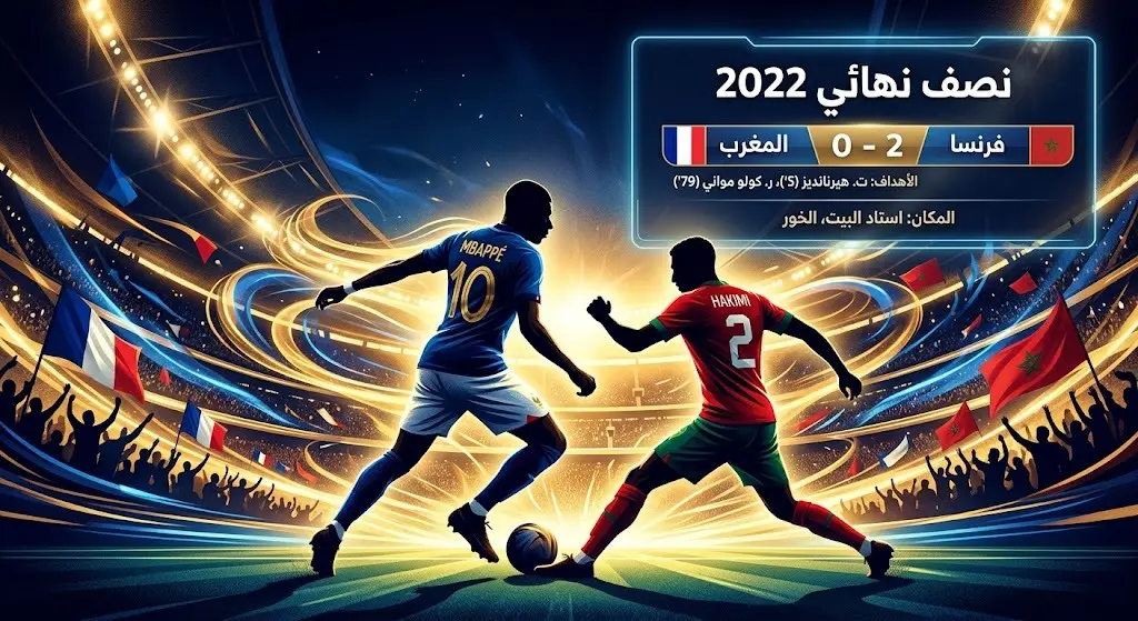 تصميم فني درامي يبرز نتيجة اللقاء المونديالي السابق بين فرنسا والمغرب في نصف نهائي 2022