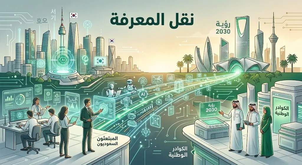 إنفوجرافيك تعبيري يجسد الطلبة المبتعثين كعنصر رئيسي في نقل المعرفة وتقنيات الذكاء الاصطناعي للمملكة