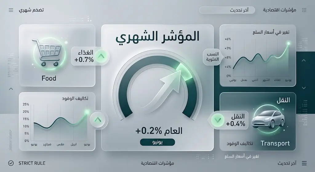 تصميم بياني يستعرض التغيرات في المؤشر العام لأسعار المستهلك على أساس شهري لشهر يونيو 2026، مع إبراز ارتفاع أسعار الأغذية والنقل.