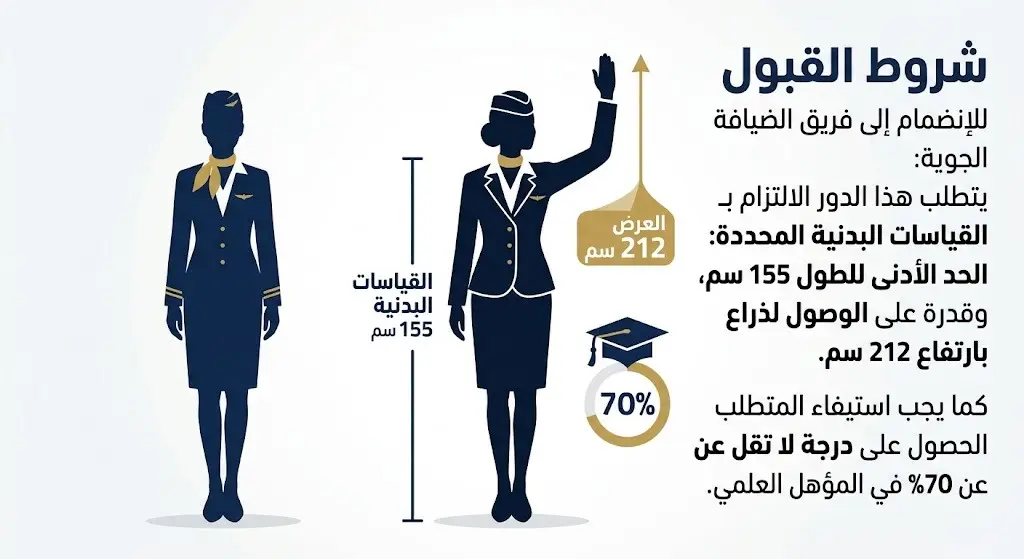 إنفوجرافيك يوضح الشروط الأكاديمية والقياسات البدنية للقبول في وظائف طاقم الضيافة الجوية بالخطوط السعودية.