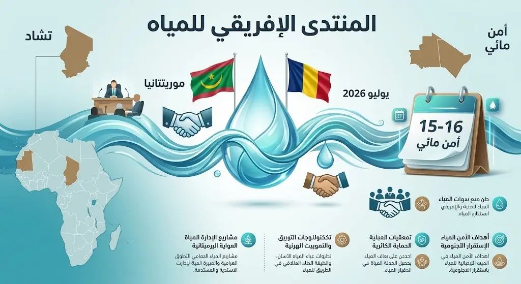 تصميم معلوماتي يسلط الضوء على المباحثات الموريتانية التشادية والدعوة للمشاركة في المنتدى الإفريقي للمياه في نجامينا.