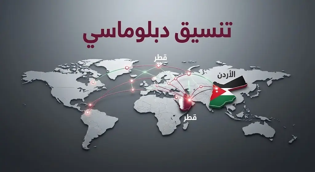 تصميم تعبيري يبرز شبكة من الاتصالات والتنسيق الدبلوماسي الوثيق بين دولة قطر والمملكة الأردنية.