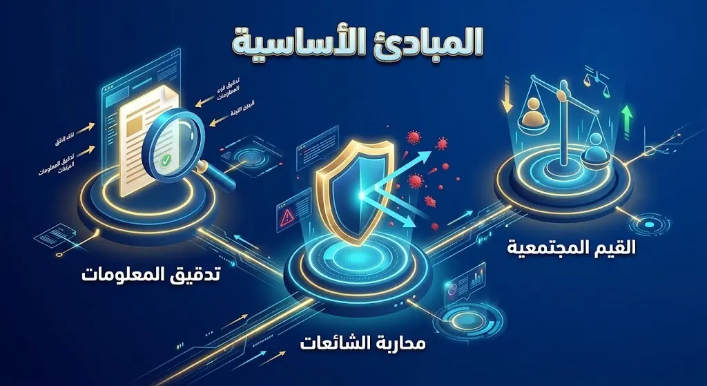 تصميم إنفوجرافيك يوضح المبادئ الأساسية لتجنب المخالفات الإعلامية وهي تدقيق المعلومات ومحاربة الشائعات ومراعاة القيم المجتمعية.