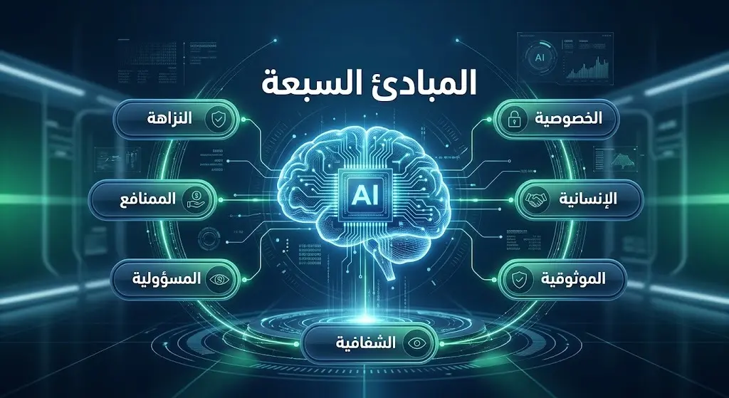 إنفوجرافيك إبداعي يعرض المبادئ السبعة لإطار إدارة مخاطر الذكاء الاصطناعي عبر تصميم شبكي يربط بين القيم الأساسية.