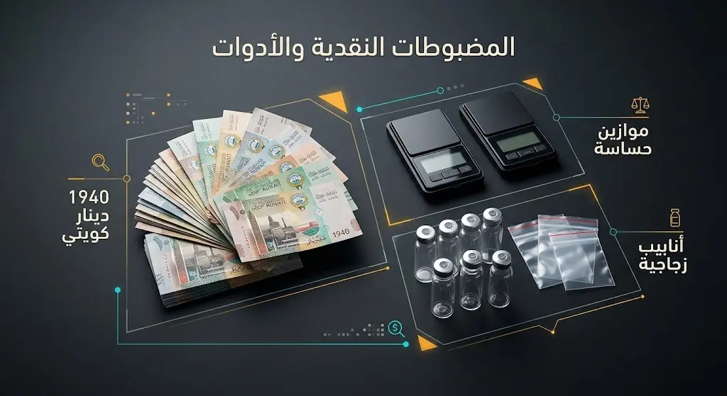 تصميم بصري يستعرض المبالغ النقدية المضبوطة وأدوات الترويج كالموازين الحساسة والأنابيب الزجاجية.