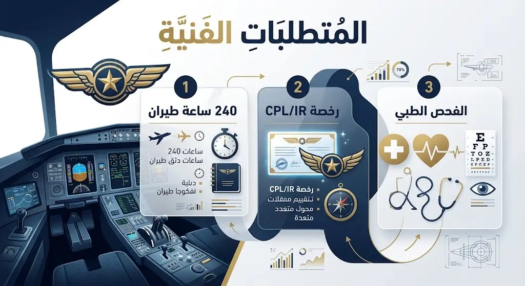 إنفوجرافيك يستعرض المتطلبات الفنية لبرنامج الطيران تتضمن 240 ساعة طيران ورخصة CPL/IR