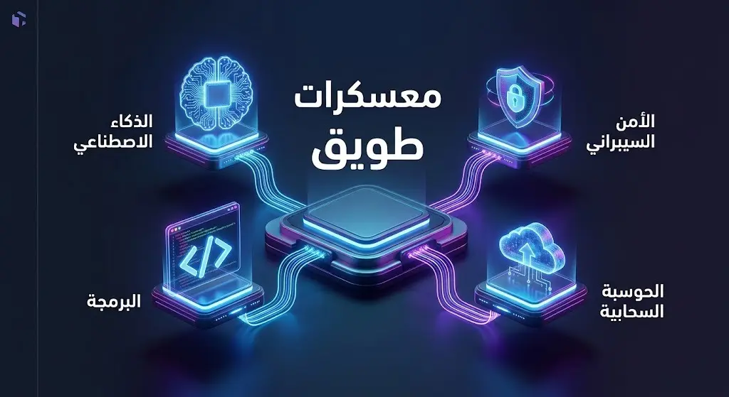 تصميم إنفوجرافيك إبداعي يستعرض المجالات التقنية الرئيسية لمعسكرات أكاديمية طويق: الذكاء الاصطناعي، الأمن السيبراني، البرمجة، والحوسبة السحابية.