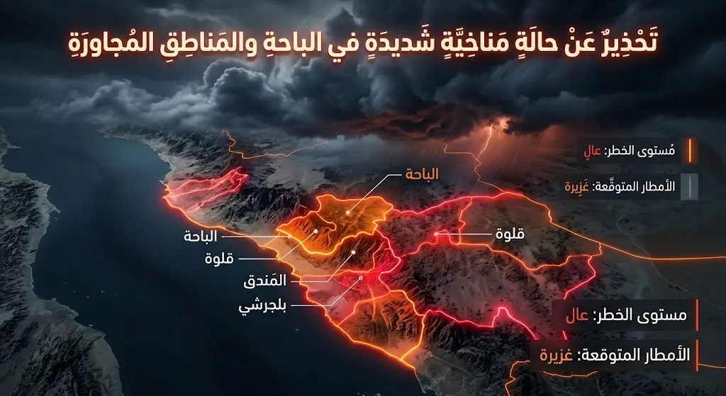 خريطة إنفوجرافيك توضح النطاق الجغرافي للمحافظات المشمولة بالتحذير الجوي في منطقة الباحة مع تدرجات لونية تشير لمراكز الخطر.