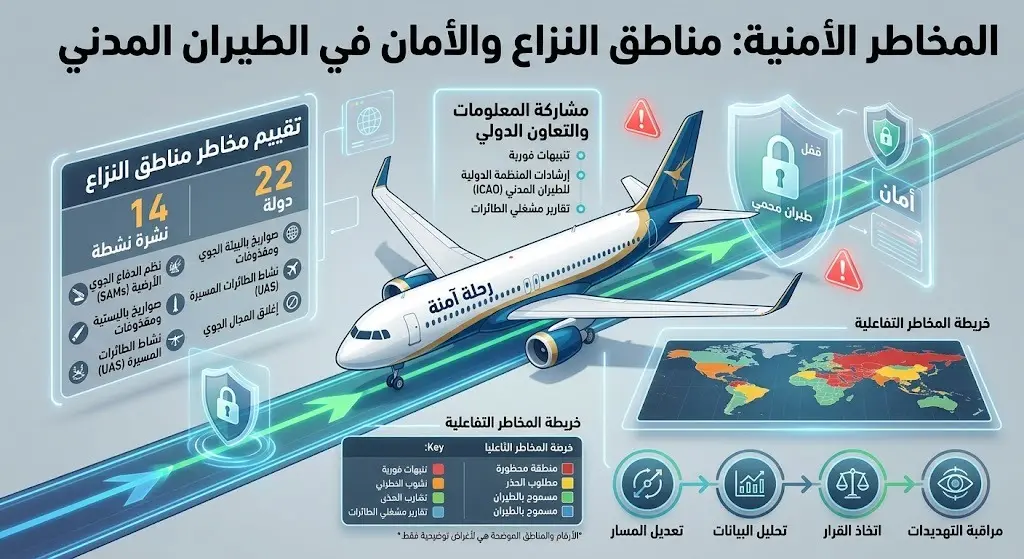 إنفوجرافيك يستعرض إحصائيات المخاطر الأمنية للطيران المدني، يبرز 14 نشرة معلومات نشطة وتأثر 22 دولة بالحظر الجوي.