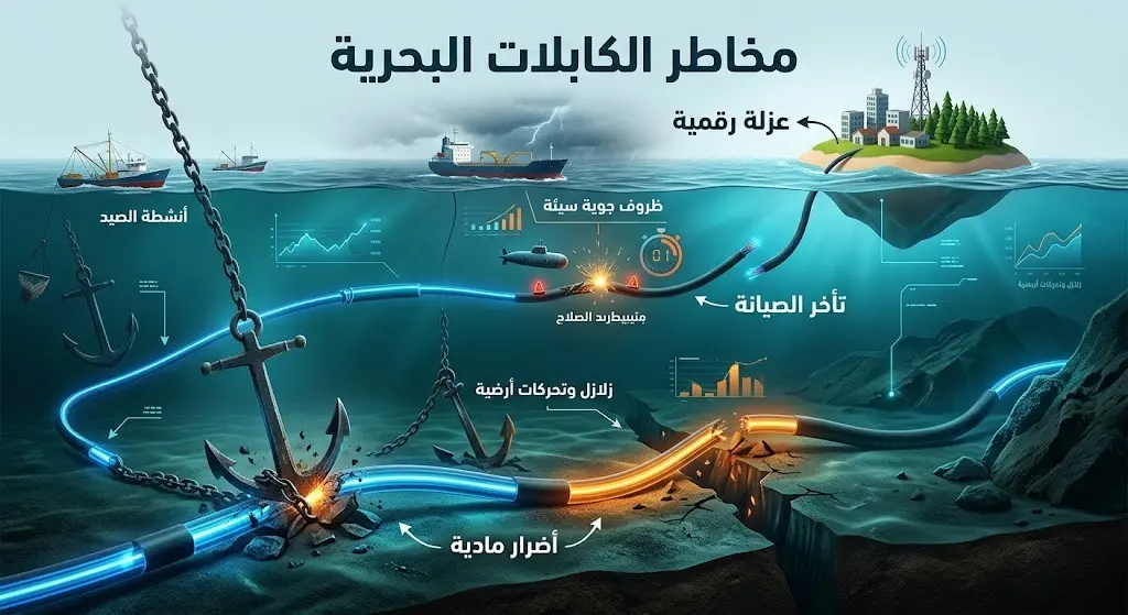 صورة تعبيرية وإنفوجرافيك يوضح المخاطر التي تهدد كابلات الإنترنت البحرية مثل الأضرار المادية وتأخر الصيانة وخطر العزلة الرقمية.