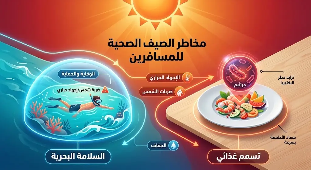 تصميم بصري يبرز المخاطر الصحية المرتبطة بارتفاع درجات الحرارة صيفاً، مع التركيز على التسمم الغذائي.