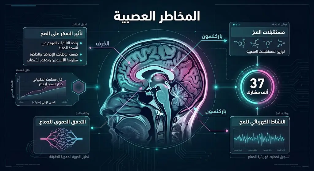 تصميم إنفوجرافيك طبي متطور يوضح الاضطرابات العصبية المرتبطة باستهلاك السكر مثل الخرف وباركنسون استناداً إلى مسح الرنين المغناطيسي.
