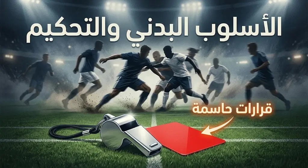صورة تعبيرية تظهر بطاقة حمراء وصافرة تحكيم على ملعب كرة قدم مع ظلال للاعبين يلتحمون بدنياً، تعبيراً عن التوتر التحكيمي.