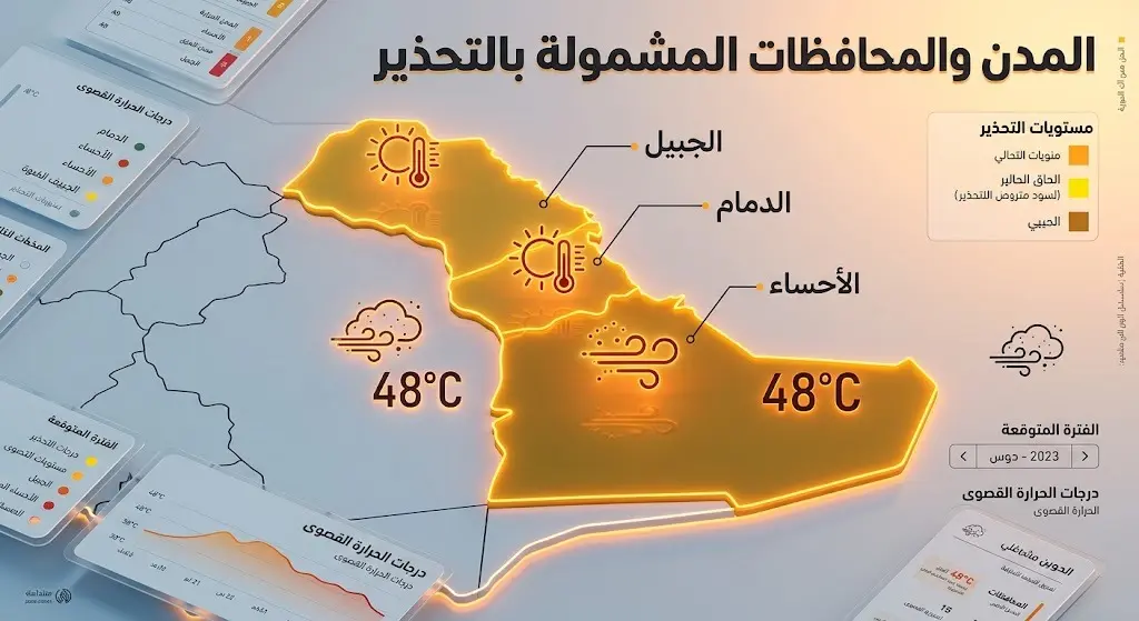 إنفوجرافيك لخرائط المنطقة الشرقية يوضح النطاق الجغرافي للمدن والمحافظات المشمولة بالإنذار الأصفر جراء الغبار والحرارة.
