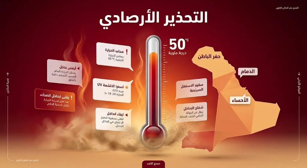 إنفوجرافيك يوضح المدن والمحافظات المشمولة بالتحذير الأرصادي في المنطقة الشرقية، مع إبراز وصول درجات الحرارة إلى 50 درجة مئوية وسط أجواء مغبرة.