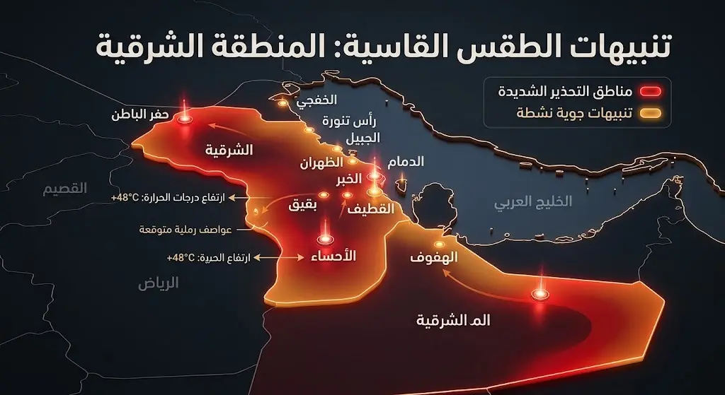 خريطة إنفوجرافيك ثلاثية الأبعاد للمنطقة الشرقية تبرز المدن والمحافظات المشمولة بتحذيرات المركز الوطني للأرصاد بدرجات لونية حرارية.