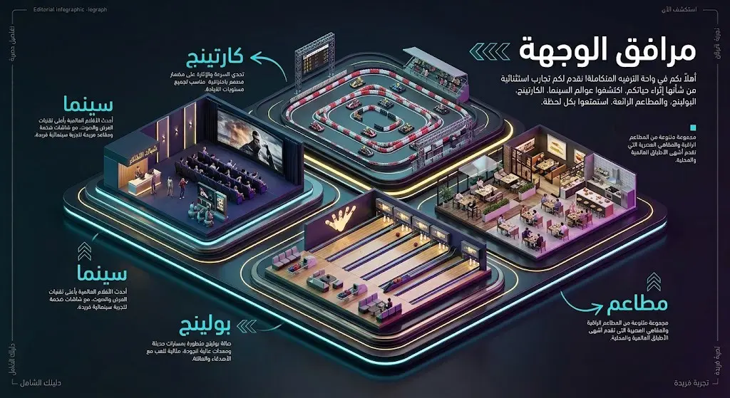 تصميم إنفوجرافيك ثلاثي الأبعاد يعرض مرافق وجهة نجران الترفيهية الجديدة متضمناً السينما ومناطق الألعاب والمطاعم مع نصوص عربية توضيحية.