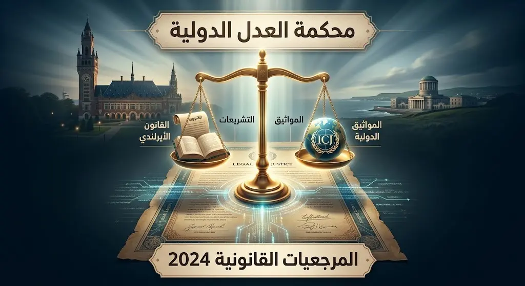 مشهد تعبيري يدمج ميزان العدالة مع وثائق قانونية، يرمز إلى استناد التشريع الإيرلندي لرأي محكمة العدل الدولية لعام 2024.