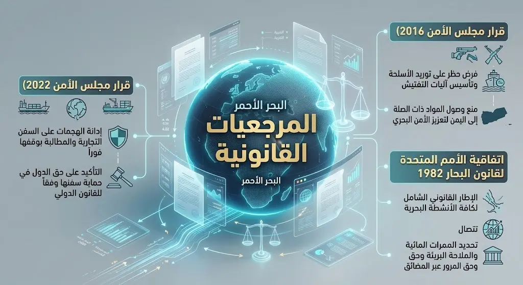إنفوجرافيك احترافي يستعرض المرجعيات القانونية الدولية وقرارات مجلس الأمن، مثل القرار 2722 والقرار 2216 وقانون البحار، لحماية الملاحة في البحر الأحمر.